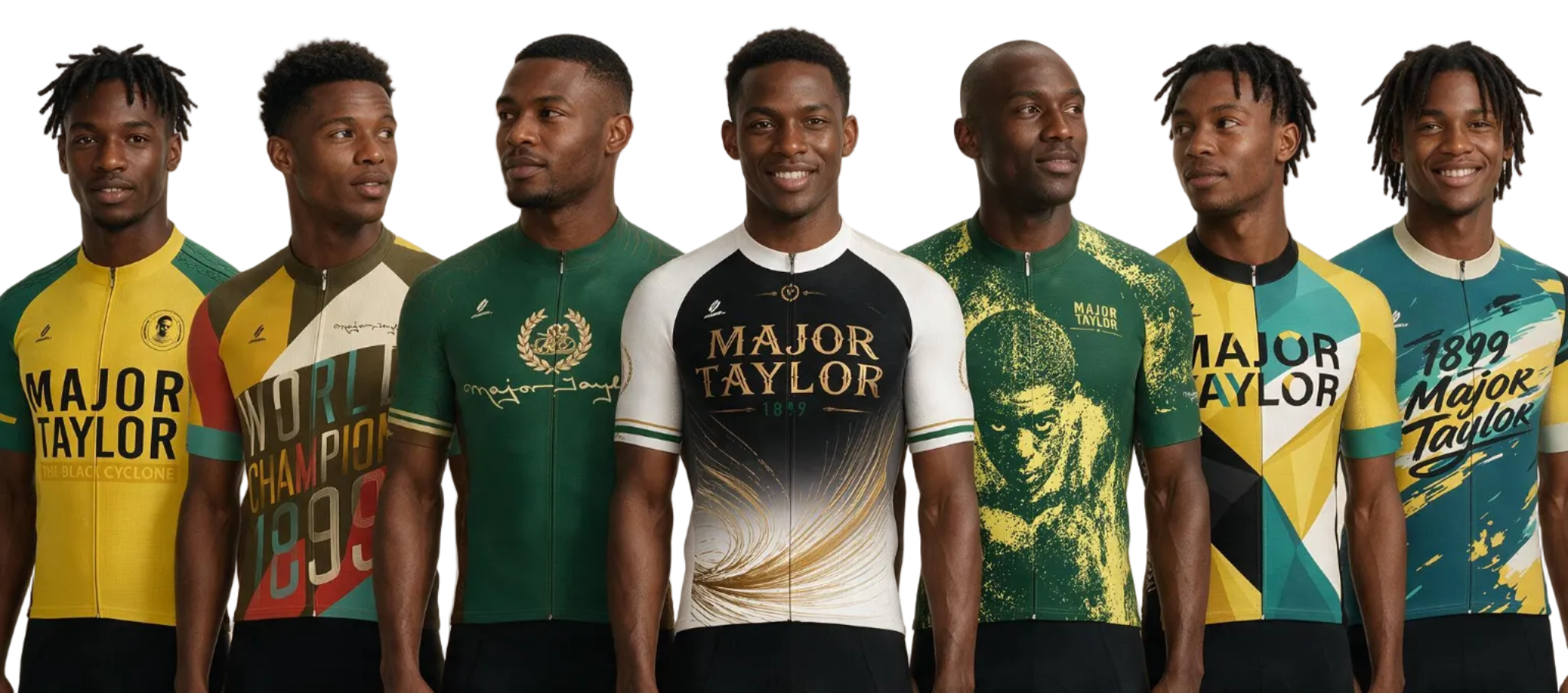 Seven cyclists standing side by side wearing various colorful cycling jerseys with 'MAJOR TAYLOR' graphics, set against a plain beige background.