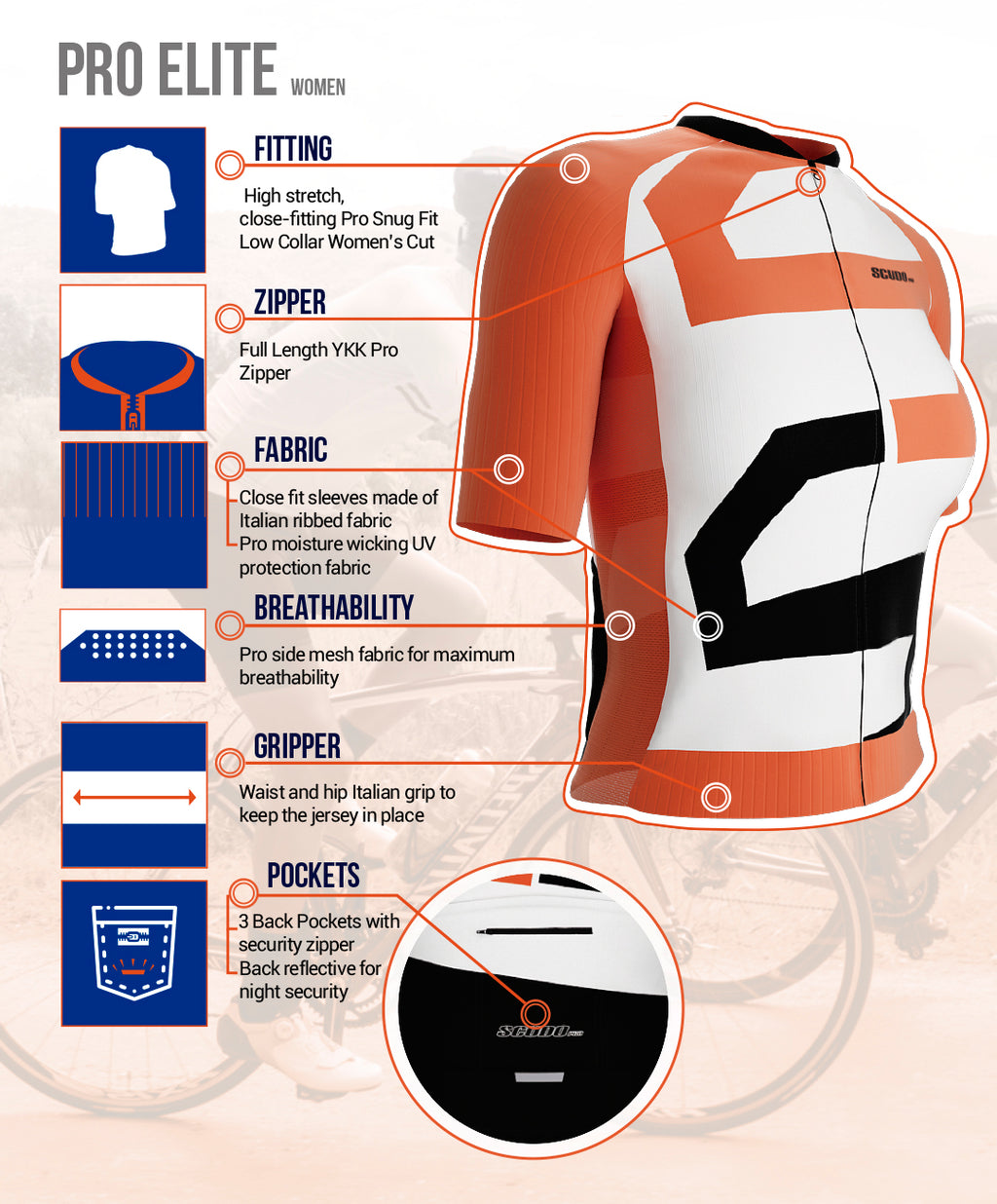 Scudopro Pro-Elite Short Sleeve Cycling Pro Fit Jersey Gradient Intense Orange for Women