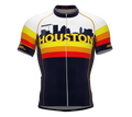A short sleeve cycling jersey featuring a geometric pattern with 'Houston' written across the chest in bold lettering, predominantly in blue, red, and white colors.