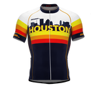 A short sleeve cycling jersey featuring a geometric pattern with 'Houston' written across the chest in bold lettering, predominantly in blue, red, and white colors.